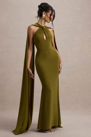 Rhoda Green Twist Halter-Neck Cape Maxi Dress